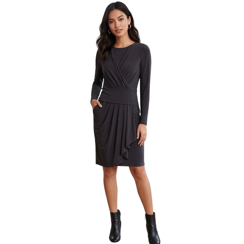 Tahari Black Long Sleeve Pleated Faux Wrap Sheath Dress with Pockets Size M